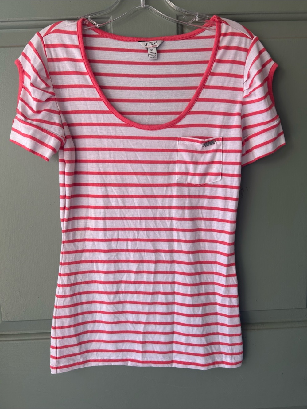 GUESS White & Coral Striped Scoop Neck Tee